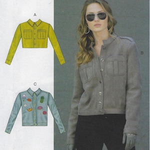 May include: A fashion image featuring three jacket designs. One is a chartreuse cropped jacket with two chest pockets. Another is a gray jacket with button closures and two chest pockets. The third is a light blue denim jacket with fruit and ice cream patches.