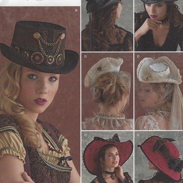 8361 Simplicity Arkivestry - Misses Hats: Top hat, steampunk topper, wide brim hat & tricorne - new sewing pattern - sz S-21"- M-22"- L-23"