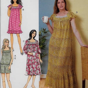 May include: Image of a pattern for sleepwear. The pattern includes a pink polka-dot nightgown, a floral print nightgown, a yellow spotted nightgown, and a green floral print pajama set. The nightgowns have square necklines and ruffled hems.