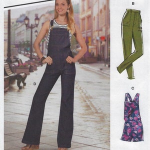 May include: A sewing pattern for overalls with a model wearing a pair of blue denim overalls with a white striped top. The pattern includes three different styles: a pair of green pants, a pair of floral print overalls, and a pair of blue denim overalls.