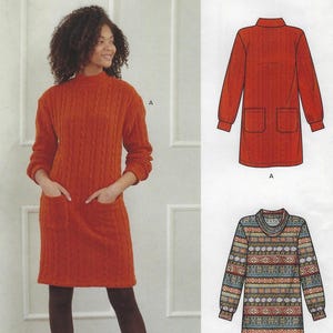 May include: Two versions of a long-sleeved, orange knit dress with a mock neck and pockets. The first version has a cable knit pattern. The second version has a geometric pattern in shades of blue, green, and red.
