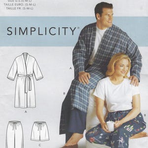 S9131 Simplicity 2 Hour Sleepwear - Unisex Robe has tie belt, Shorts or Pants w/drawstring - new sewing pattern - sz AA S-M-L and BB XL-XxxL