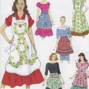 May include: A sewing pattern for five different styles of aprons. The aprons are all different colors and patterns, including floral, plaid, and polka dot. The pattern is for sizes S-L.