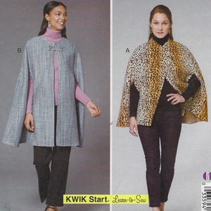 May include: Two women modeling capes. One cape is gray with a textured weave and button closure. The other cape has a leopard print pattern. The image includes the text "KWIK Start. Learn-to-Sew."