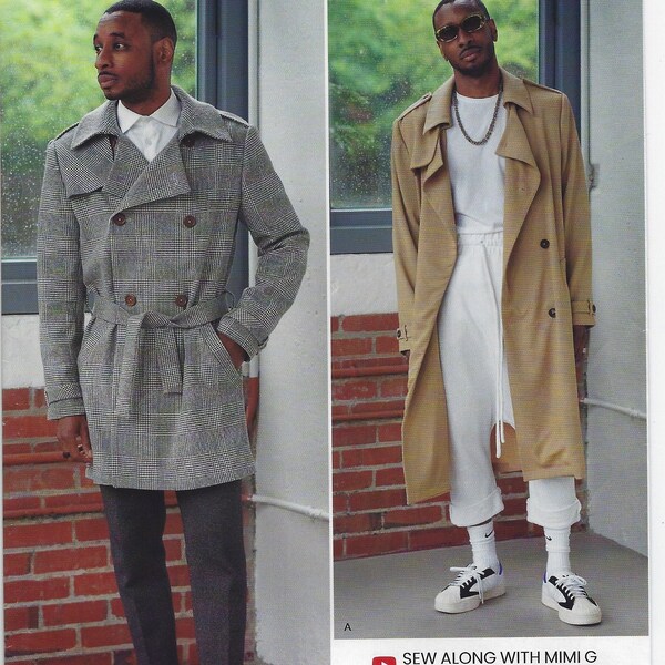 R11210 Simplicity Mimi G - Men's Double Breasted Trench Coat in Two Lengths with cuff straps - new sewing pattern - Sz AA 34-42 and BB 44-52