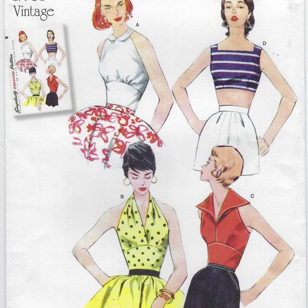 8645 Simplicity 1950s Redux - Misses Halter tops w/midriff and Sun top with back button closure - new sewing pattern - sz D5 4-12 & R5 14-22