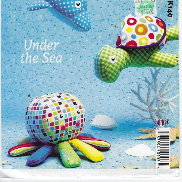 K140 Kwik Sew Ellie Mae designs - Under the Sea - Octopus, Dolphin & Turtle Stuffed Toys - new sewing pattern - fiberfill w/ appliqué faces