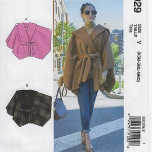 M8029 McCall's - Misses Unlined, Wrap belted Cape with Shawl Collar or self lined Hood - new sewing pattern - Sz Y Xs-S-M and Z Lrg-Xlg