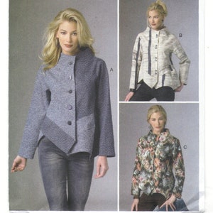 May include: Butterick sewing pattern B6106 featuring a jacket with a unique asymmetrical design. The pattern includes multiple views of the jacket in different fabrics, with a high collar and button closure. The pattern includes sizes X-Small to Medium.