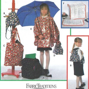 May include: A sewing pattern display featuring a red raincoat with a postage stamp print, a blue umbrella, a matching tote bag, a small pouch, and a backpack. The collection includes a black backpack and a silver insulated cover, labeled FabricTraditions.
