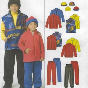 May include: A sewing pattern featuring children's outerwear. The image shows two children wearing a red jacket and blue pants, and a blue vest with the text "BAIL OUT". Additional clothing options include jackets, vests, pants, and hats in various colors. The text "EASY endless options" is visible.