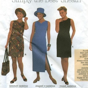 May include: Three sleeveless dresses with different necklines: a notched neckline, a shaped v-neckline, and a round neckline. The dresses are in different colors and patterns: a brown and black patterned dress, a light blue dress, and a black dress.