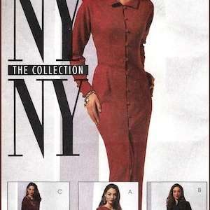 May include: A McCall's NY The Collection sewing pattern envelope featuring a long-sleeved, button-front dress in a deep red hue. The design includes a collared neckline and a fitted silhouette. Additional views show a shorter tunic version and a black dress.