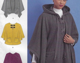 8517 Simplicity - Misses Ponchos with Hooded, patch pockets, lace-up closure and hemline variations - new sewing pattern - sz (XS-XL)