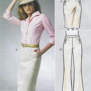 May include: A sewing pattern illustration featuring a light pink button-down shirt with three-quarter sleeves and a beige skirt with a yellow belt. The pattern includes technical line drawings labeled A for a skirt and B for flared trousers with pockets.