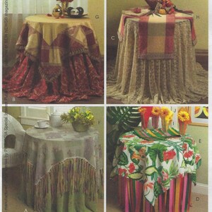 May include: Ten different tablecloths with various patterns and colors, including a red and gold tablecloth with tassels, a white tablecloth with a red and yellow plaid pattern, a green tablecloth with a floral pattern and fringe, and a white tablecloth with a tropical print and colorful ribbons.