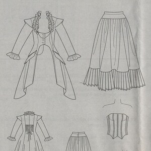 May include: Simplicity pattern 2172, featuring line drawings of a long coat, skirts, and a corset. The coat has a ruffled collar and cuffs. The skirts are pleated with a ruffled hem. The corset has vertical lines.