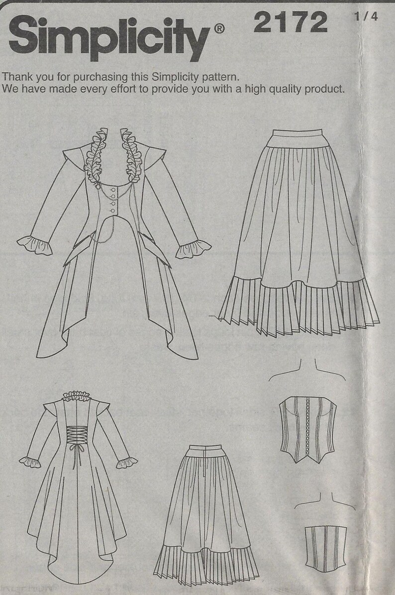 May include: Simplicity pattern 2172, featuring line drawings of a long coat, skirts, and a corset. The coat has a ruffled collar and cuffs. The skirts are pleated with a ruffled hem. The corset has vertical lines.