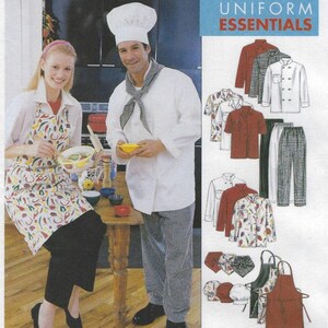 May include: Image of a chef and a woman in a kitchen, both wearing aprons. The chef wears a white uniform and checkered pants. The woman wears a patterned apron. The image also shows various uniform essentials, including shirts, pants, aprons, and hats. Text reads "UNIFORM ESSENTIALS."