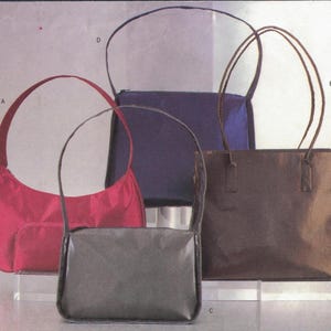 May include: Four handbags labeled A, B, C, and D. Bag A is a red crescent-shaped shoulder bag. Bag B is a brown rectangular tote with two handles. Bag C is a small dark gray rectangular bag. Bag D is a dark blue rectangular shoulder bag.