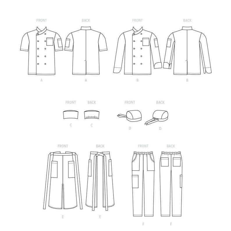 May include: Line drawing illustrations of different chef uniforms, including a short-sleeved chef jacket, a long-sleeved chef jacket, a chef hat, a chef apron, and chef pants. The illustrations show the front and back views of each garment.