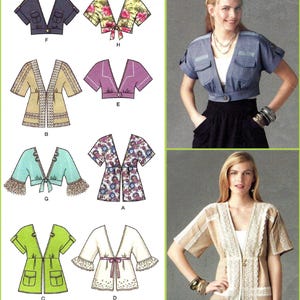 May include: A sewing pattern sheet displaying eight variations of short-sleeved jackets or boleros labeled A through H, featuring diverse designs with ties, lace trim, pockets, and buttons, alongside two photographs of finished garments.