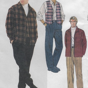 May include: Illustration of three men modeling different outfits. One wears a brown and black plaid shirt over a white turtleneck and black pants. Another wears a plaid vest, white shirt, and blue pants. The third wears a red shirt over a white turtleneck and tan pants.