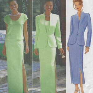 May include: Three women's suits in shades of green and blue. The suits include a skirt and jacket combination. The green suits feature a short-sleeved top or a camisole. The blue suit is a sketch of a suit with a skirt and jacket.