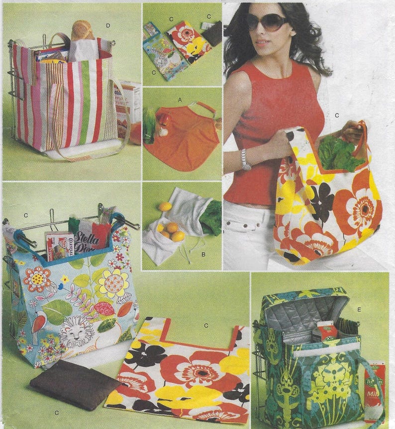 May include: An assortment of reusable shopping bags in various floral and geometric patterns. The bags are shown in different sizes and styles, including tote bags and insulated cooler bags. Some bags are filled with groceries.
