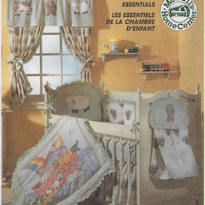 May include: A nursery room set with a crib, curtains, and bedding. The curtains and bedding feature animal designs, including a sheep, cow, and bear. The set includes a crib bumper, quilt, and a diaper stacker. The text on the image reads "Baby Room Essentials".
