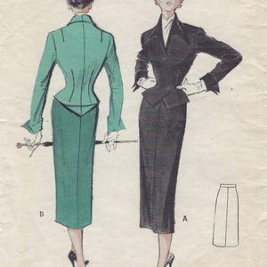 May include: A vintage sewing pattern envelope featuring illustrations of two outfits. View A shows a black tailored jacket and skirt. View B shows a green jacket with a cinched waist and a matching skirt. The text reads PATTERN and 65 cents.