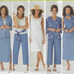 May include: A collection of women's clothing ensembles in various styles. The outfits include a light blue skirt suit, a white tank top with blue pants, a white dress, a blue floral print jacket with pants, and a blue skirt suit with a scarf.