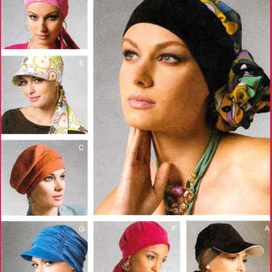 May include: A collection of headwear styles including a pink patterned headwrap, a floral brimmed hat, a solid orange beret, a blue ruched cap with a brim, a solid pink headwrap, a black baseball cap, and a black headwrap with a floral side accent.