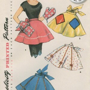 May include: Vintage Simplicity sewing pattern for a 1950s apron. The pattern includes four different styles of aprons, each with a unique design. The pattern is printed on a white background with black text. The pattern number is 4858 and the size is one size. The text "Authentic Original Pattern" is printed in a circle on the top right corner of the pattern.