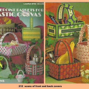 May include: A leaflet for needlepoint baskets for plastic canvas. The leaflet shows 10 different designs for baskets, including a green and white basket, a red and white basket, and a pink and white basket. The leaflet is titled "Needlepoint Baskets for Plastic Canvas" and has the text "10 Designs" and "212 scans of front and back covers".
