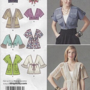 May include: A sewing pattern featuring various jacket designs. The jackets include short-sleeved styles with details like pockets, ties, and lace trim. The pattern also shows a woman wearing a blue jacket and a beige jacket with lace.
