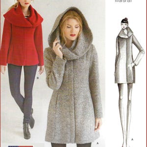 May include: A sewing pattern featuring a red coat with a wide collar and a grey textured coat with a large hood. The image includes a fashion illustration labeled Original artwork By Leanne Marshall and a small American flag icon at the bottom.
