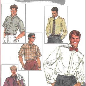 May include: A sewing pattern envelope titled Connoisseur Collection featuring illustrations of five different shirt styles. The designs include short and long-sleeved button-down shirts, some with chest pockets, collars, and a bow tie, displayed on figures.