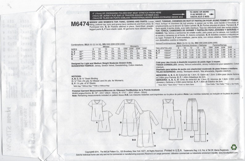 M6474 Mccall's Women's Easy Knit Sleepwear: Top | Etsy