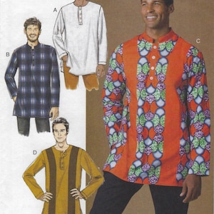 May include: Image of four long-sleeved shirts. One is white, one is blue plaid, one is orange with a colorful pattern, and one is yellow with brown stripes. All shirts have a mandarin collar and button placket.