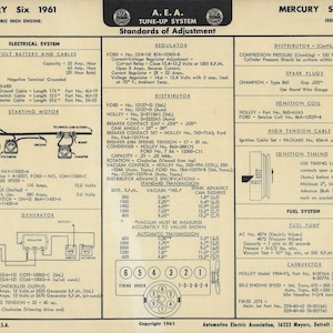 May include: A Mercury Six 1961 tune-up and adjustment guide. The black and white document includes electrical system diagrams, distributor specifications, spark plug details, and fuel system information. Printed in the USA.