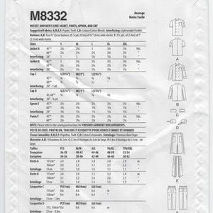 May include: Sewing pattern for a chef jacket, pants, apron, and cap. The pattern includes instructions for sizes S, M, L, XL, and XXL. The pattern is for misses and men.