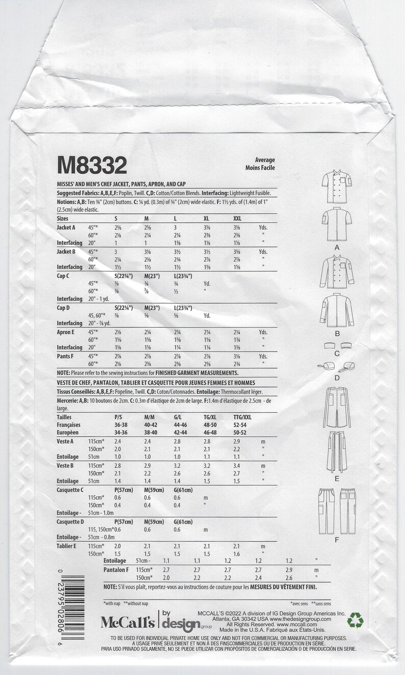 May include: Sewing pattern for a chef jacket, pants, apron, and cap. The pattern includes instructions for sizes S, M, L, XL, and XXL. The pattern is for misses and men.
