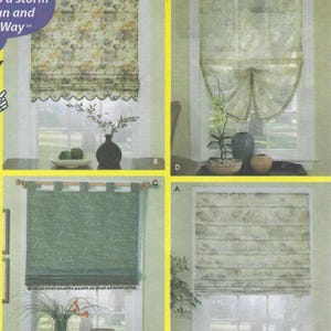May include: Four window treatments are displayed, each with a different design. The top left features a floral pattern with a scalloped edge. The top right has a sheer, draped design. The bottom left is a solid green with a fringe, and the bottom right has a striped floral pattern.