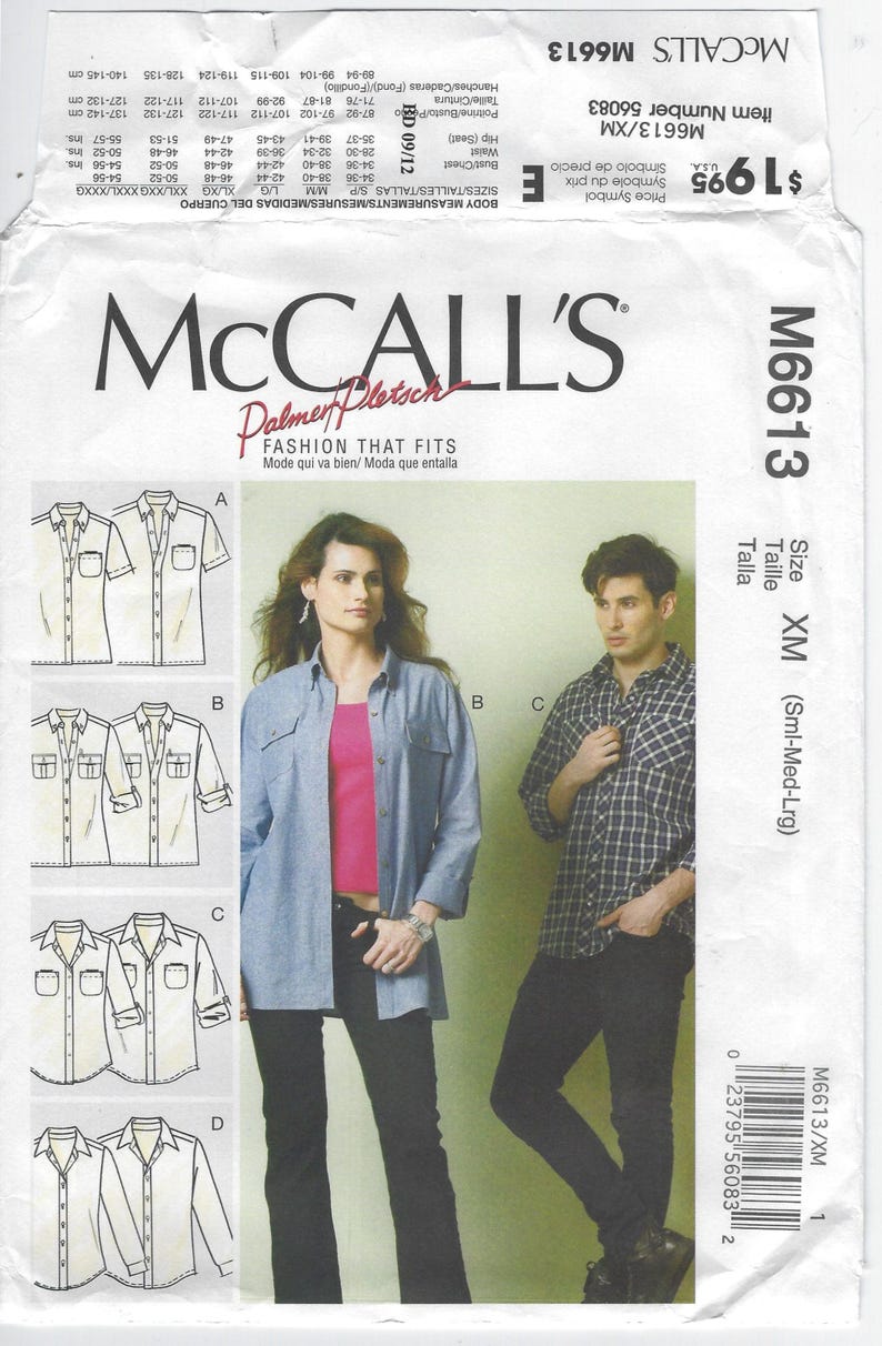 May include: McCall's M6613 sewing pattern featuring shirt designs. The pattern includes size measurements in inches and centimeters. The cover shows a woman and a man modeling the shirt styles. The text "Fashion That Fits" is displayed.