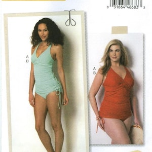 May include: A sewing pattern featuring two swimsuit designs. The pattern includes a mint green halter-style swimsuit and a red-orange tankini swimsuit. The pattern is labeled "lisette" and "B6360" with the text "SEW YOUR STYLE".