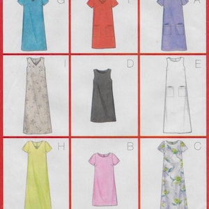 May include: A collection of nine different dress patterns, each in a unique color and style. The dresses range from sleeveless to short-sleeved, with variations in neckline and pocket placement. Colors include blue, red, lavender, gray, white, yellow, pink, and floral prints.