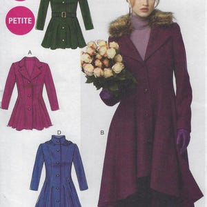 May include: A woman models a long, dark purple coat with a faux fur collar, holding a bouquet of flowers. The image also shows three coat patterns: a green coat with a belt, a magenta coat, and a blue coat. The text "EASY" and "PETITE" are visible.