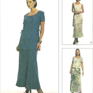 May include: A sewing pattern featuring three two-piece outfits labeled Petite-Able. Outfit B is a solid teal short-sleeved top with side ties and a matching long skirt. Outfit A is a sleeveless floral dress. Outfit C is a short-sleeved floral top and skirt.