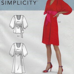 S9098 Simplicity - Misses U-neck Top or dress, 3/4 sleeve, knee & evening length waist sash - new sewing pattern - sz H5(6-14) or U5(16-24)